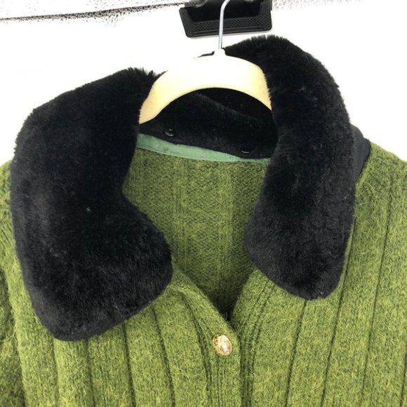Vintage green knit wool long button up jacket removable black faux fur collar - Picture 11 of 13